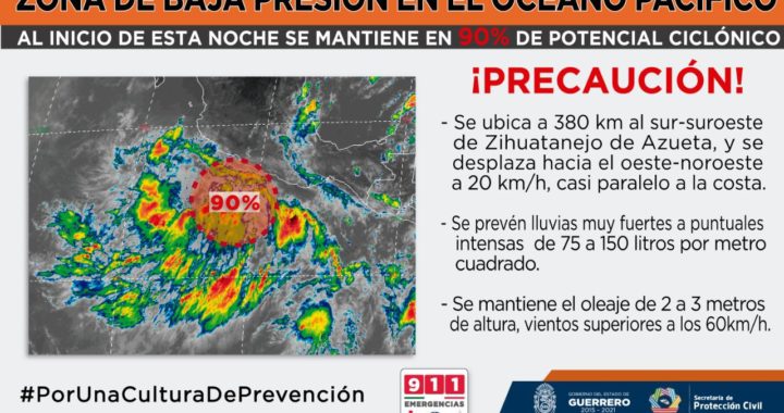 ZONA DE BAJA PRESIÓN INCREMENTA SU POTENCIAL CICLÓNICO A 90 % FRENTE A LAS COSTAS DE ZIHUATANEJO