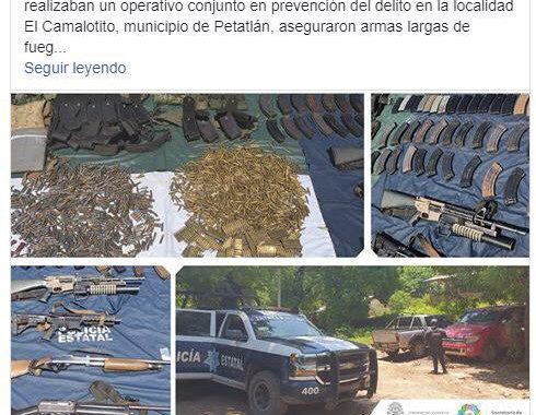 Aseguran Ejército y Policia Estatal armamento, equipo táctico y cuatro vehículos con reporte de robo en Petatlan