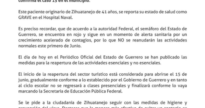 Gobierno de Zihuatanejo reporta el caso 15 de Coronavirus. Ahora un masculino de 41 años que se encuentra grave hospitalizado en hospital Naval.