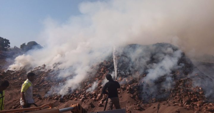 Arde desde la mañana recicladora de cocotero en Llano Real, en Benito Juárez